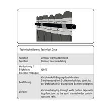Technische Daten zu einem Verdunklungsstoff: Dimout, wärmedämmend, 100 Prozent blickdicht, variable Aufhängung für Stange und Schiene.