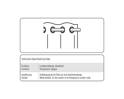 Données techniques: Translucide, opaque. Suspension par des œillets sur une tringle à rideaux.