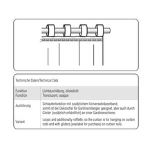 Technische Zeichnung einer Gardinenaufhängung mit Schlaufen und Kräuselband
