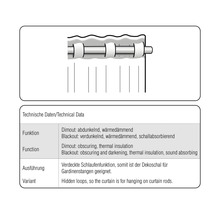 Données techniques du rideau : Dimout, occultant, adapté aux tringles à rideaux