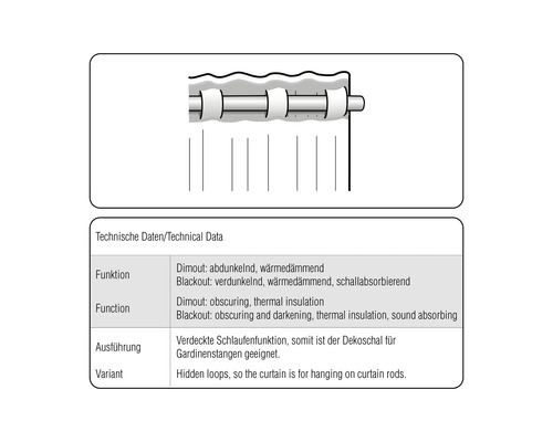 Données techniques du rideau : Dimout, occultant, adapté aux tringles à rideaux