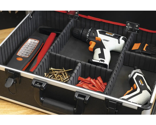 Werkzeugkoffer mit Hammer, LED-Lampe, Schrauben, Dübeln, Akku-Bohrschrauber und Akku-Schlagschrauber