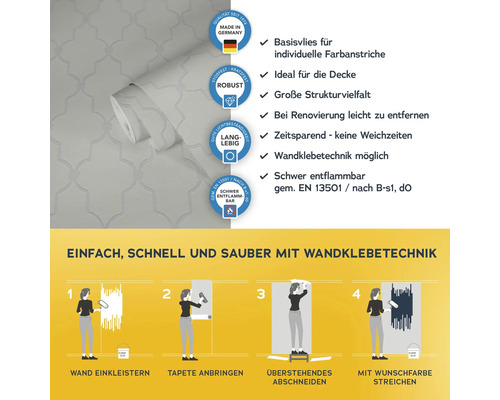 Vliestapete mit Verarbeitungshinweisen und Qualitätsmerkmalen