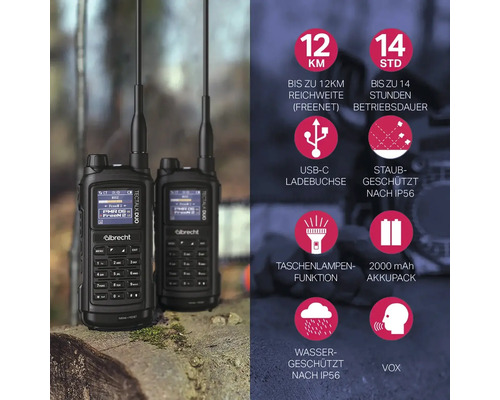 Zwei Funkgeräte Albrecht Tectalk Duo mit bis zu zwölf Kilometer Reichweite und bis zu 14 Stunden Betriebsdauer