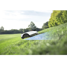 Rasenmähroboter auf einer Rasenfläche mit einer Steigung von 45 Prozent