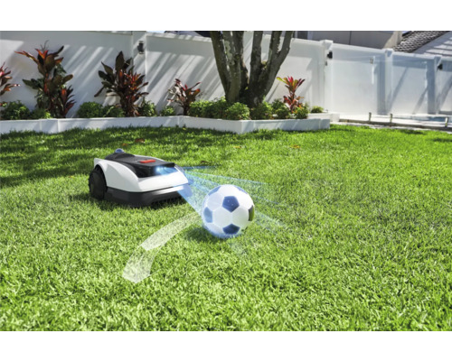 Rasenmähroboter auf Rasen mit Fußball