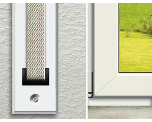 Vue détaillée d'un cadre de fenêtre avec enrouleur de sangle