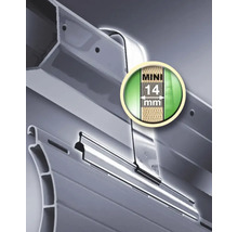 Vue détaillée d'un profil de volet roulant montrant l'épaisseur du profilé de 14 millimètres.