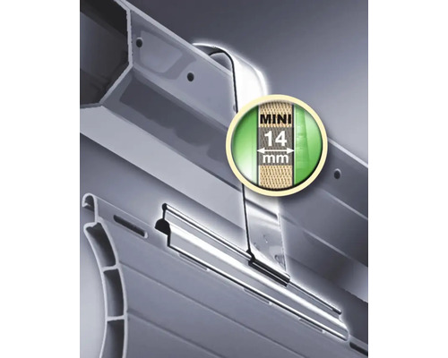 Vue détaillée d'un profil de volet roulant montrant l'épaisseur du profilé de 14 millimètres.