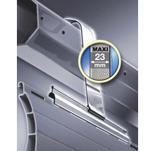 Détail d'une fixation de volet roulant avec l'indication 23 millimètres
