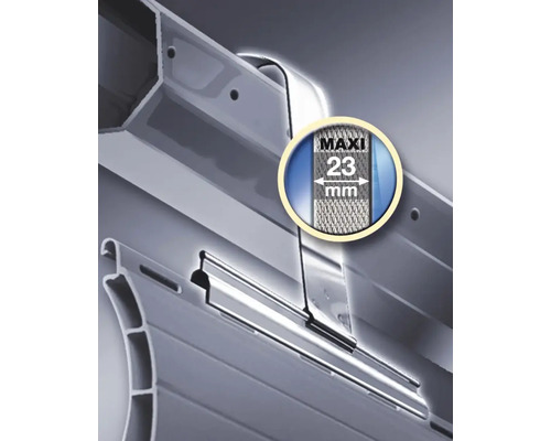 Détail d'une fixation de volet roulant avec l'indication 23 millimètres