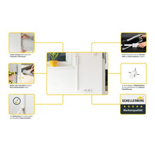 Exemples d'application pour un rail de guidage de câbles avec aide à la coupe et gabarit de perçage. Le rail de guidage de câbles peut être collé, vissé ou peint. Logo Schellenberg avec cinq étoiles pour la qualité de la marque.