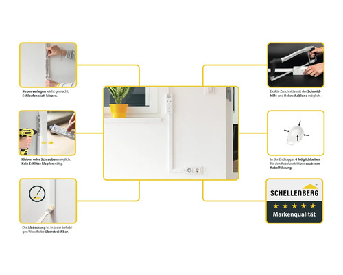 Exemples d'application pour un rail de guidage de câbles avec aide à la coupe et gabarit de perçage. Le rail de guidage de câbles peut être collé, vissé ou peint. Logo Schellenberg avec cinq étoiles pour la qualité de la marque.
