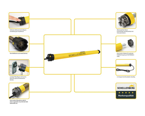 Moteur de volet roulant Schellenberg avec détails sur le réglage électronique de fin de course, le moteur sans entretien, les pièces résistantes à l'usure, le roulement mural silencieux, l'adaptateur extra large, le long câble de connexion et le logo...