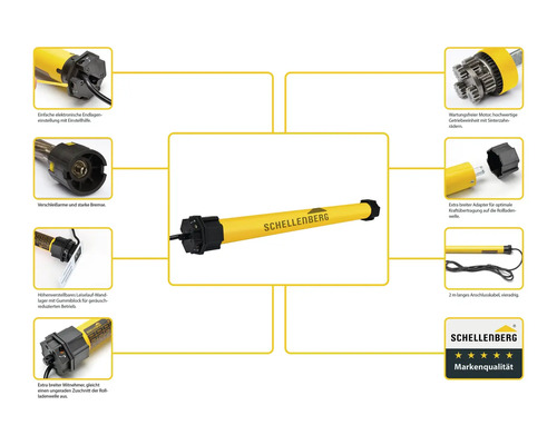 Schellenberg Rollladenmotor mit Details zu Endlageneinstellung, Bremse, Wandlager, Mitnehmer, Getriebeeinheit, Adapter und Anschlusskabel, Schellenberg Logo mit Markenqualität Siegel