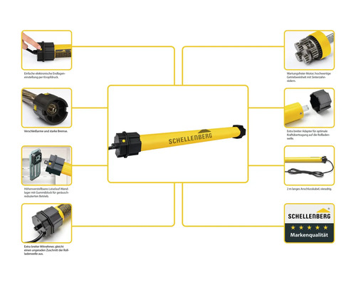 Schellenberg Rollladenmotor mit Zubehör und Markenzeichen