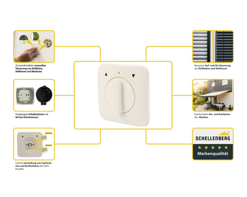 Interrupteur rotatif pour commander manuellement les volets roulants, les stores vénitiens et les stores de balcon avec le logo Schellenberg