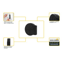 Illustration d'un boîtier d'encastrement pour enrouleur de sangle Schellenberg, qui protège les enrouleurs encastrés et les sangles de volet roulant et est fabriqué en plastique durable. Logo Schellenberg.