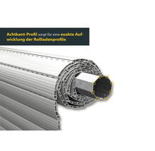 Vue détaillée d'un profil de volet roulant avec un arbre octogonal.