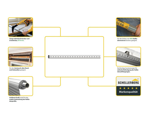 Arbre octogonal pour volet roulant avec accessoires et logo Schellenberg
