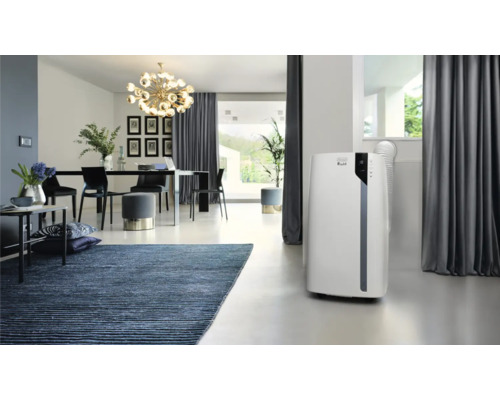Salon avec tapis, table à manger et climatiseur mobile