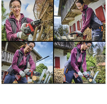 Collage : une femme travaille sur des branches et du bois avec une tronçonneuse sans fil