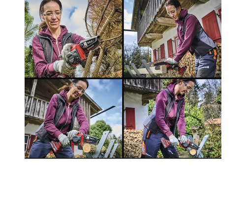 Collage : une femme travaille sur des branches et du bois avec une tronçonneuse sans fil