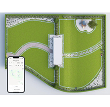 Vue de dessus d'un jardin avec des pelouses, des chemins et un robot tondeuse commandé par une application pour smartphone
