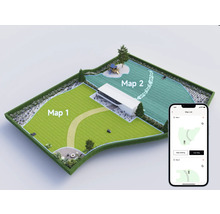 Représentation d'une pelouse avec deux zones de tonte différentes, visualisées dans une application pour smartphone.