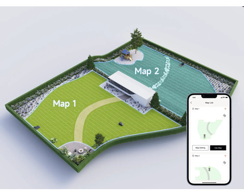Représentation d'une pelouse avec deux zones de tonte différentes, visualisées dans une application pour smartphone.