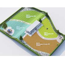 Vue d'un jardin avec des pelouses divisées en zones pour l'entretien de la pelouse.