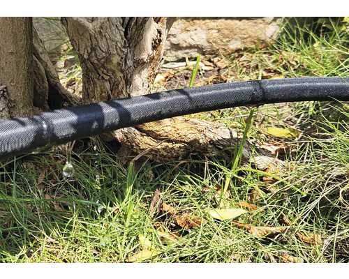 Tuyau d'arrosage dans le jardin avec de l'eau qui s'échappe