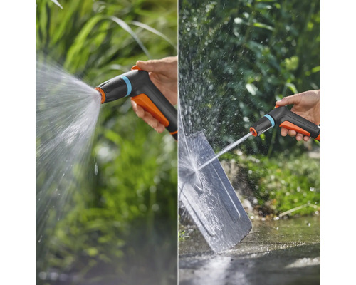 Lance d'arrosage en utilisation pour l'arrosage du jardin et le nettoyage d'une pelle