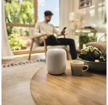 Einrichtung eines Wohnzimmers mit einem Smart Speaker auf einem Tisch.