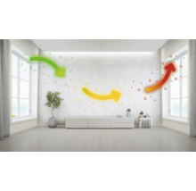 Image d'une pièce avec représentation schématique de l'échange d'air par des flèches aux fenêtres