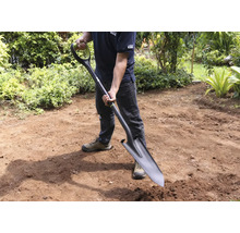 Mann hält Spaten im Garten.