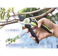 Person hält eine Gartenschere der Marke for_q beim Beschneiden eines Astes.