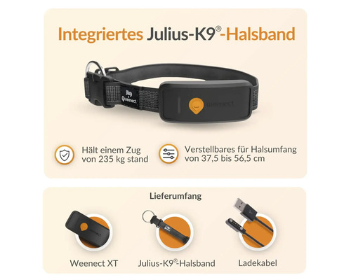 Collier de localisation pour chien Julius K9 intégré avec Weenect XT, réglable pour un tour de cou de 37,5 à 56,5 centimètres, câble de charge inclus
