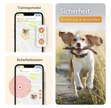 Illustration d'un traceur pour chien avec l'application smartphone correspondante pour surveiller les modules d'entraînement et les zones de sécurité.