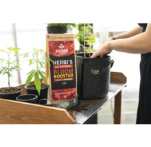 Herbi's All Natural Bloom Booster avec des plantes en pot et un pot de fleurs Chill Welten