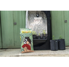 Flora Gard Professional Growmix Organic à côté de la tente de culture et des plantes