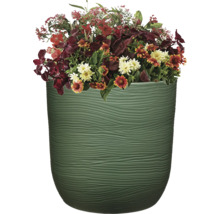 Blumenarrangement in einem grünen Pflanzgefäß mit wellenförmiger Textur.