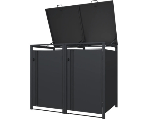 Mülltonnenbox für zwei Mülltonnen mit geöffnetem Deckel