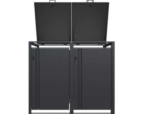 Doppelter Mülltonnenbox mit zwei offenen Deckeln und zwei Türen