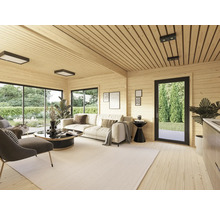 Salon avec lambris, canapé, fauteuils, tapis et fenêtres