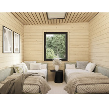 Pièce peinte en clair avec deux lits et des lambris en bois pour une ambiance claire et conviviale.