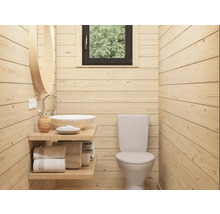 Salle de bains lumineuse avec lambris en bois, toilettes et lavabo avec miroir