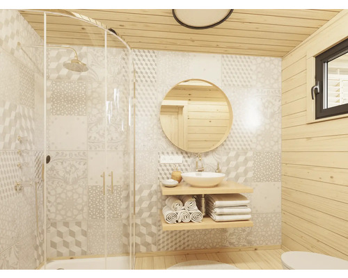 Salle de bain avec douche, lavabo, miroir et revêtement en bois
