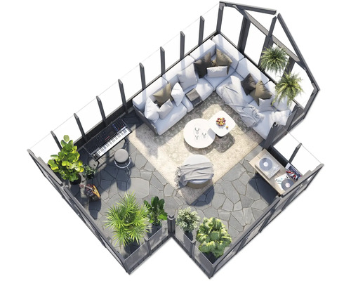 Vue de dessus d'une véranda avec mobilier et plantes