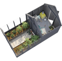 Gewächshaus mit Pflanzenbeeten und Gartengeräten